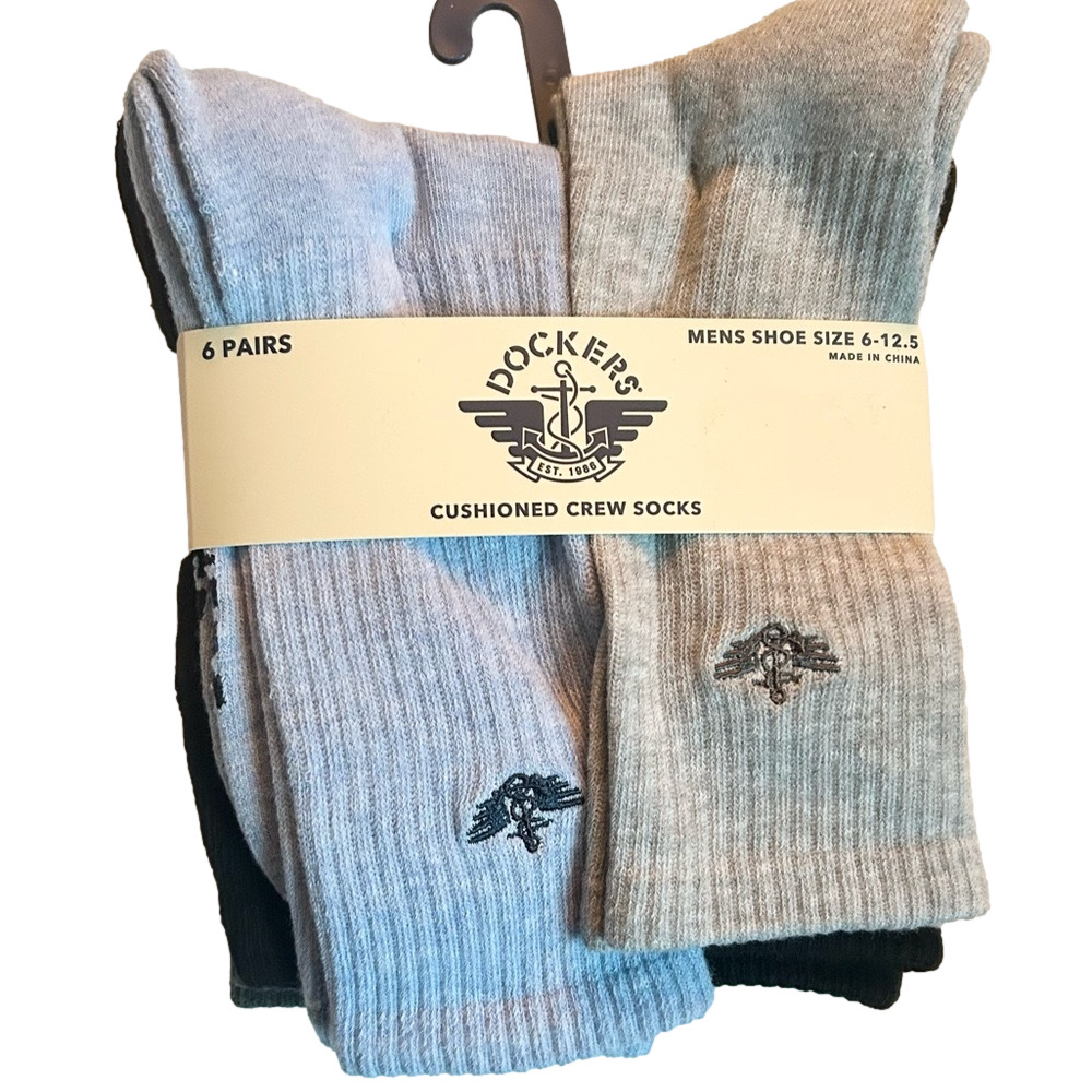 Dockers Men’s 6 Pairs of Cushioned Crew Socks Blue Black Grey Shoe Size 6-12